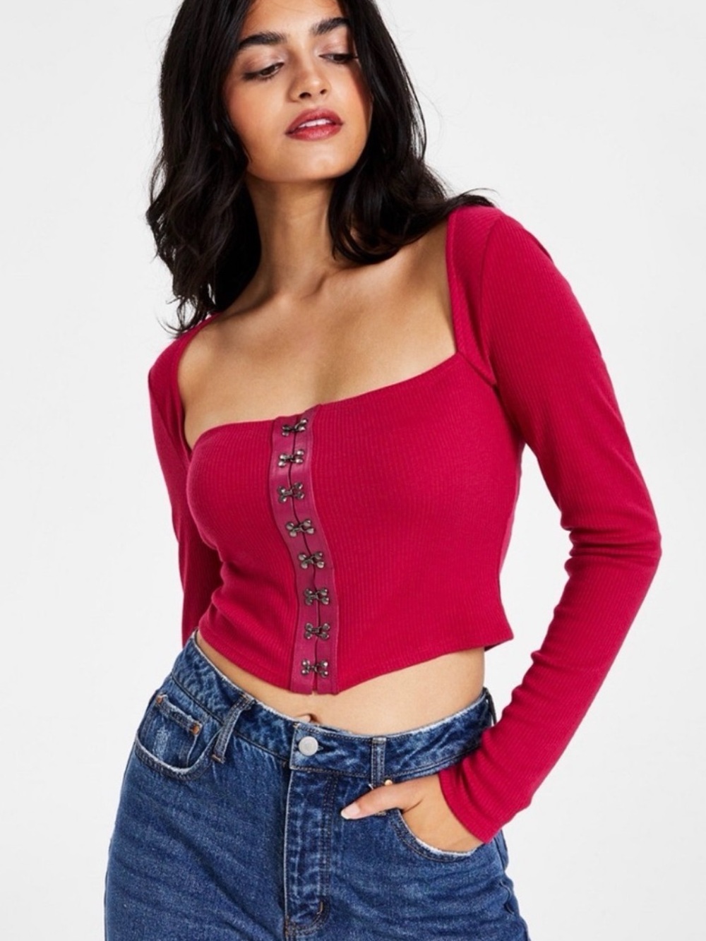Bar III Raspberry Long Sleeve Hook-Front Ribbed Crop Top M